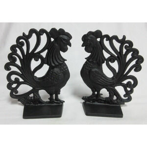 VTG Cast Iron Black Rooster Bookends Recipe Books Rustic Farmhouse Heavy READ